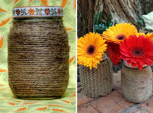 Twine-Wrapped Mason Jar Vases